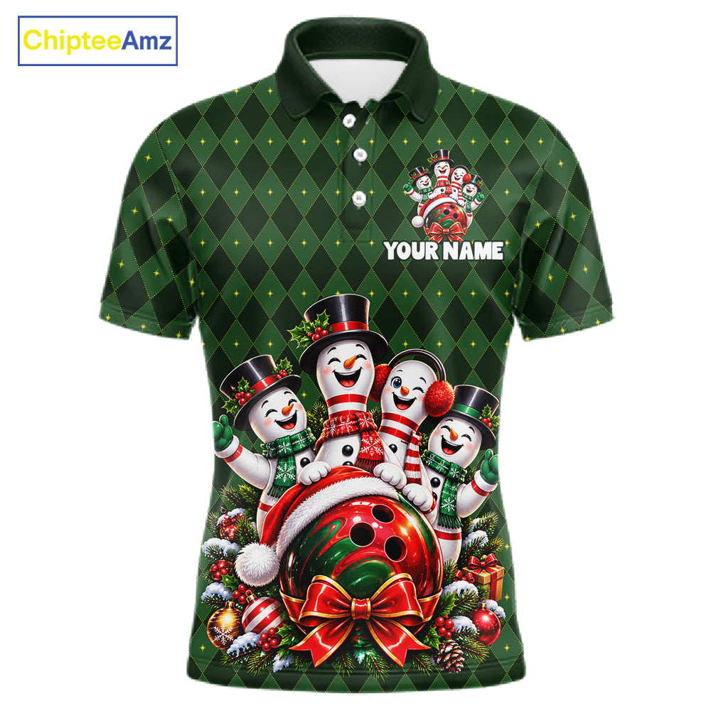 Merry Christmas Snowmen Bowling Shirt For Men Custom Festive Green Argyle Plaid Bowling Team Jersey NYN5115
