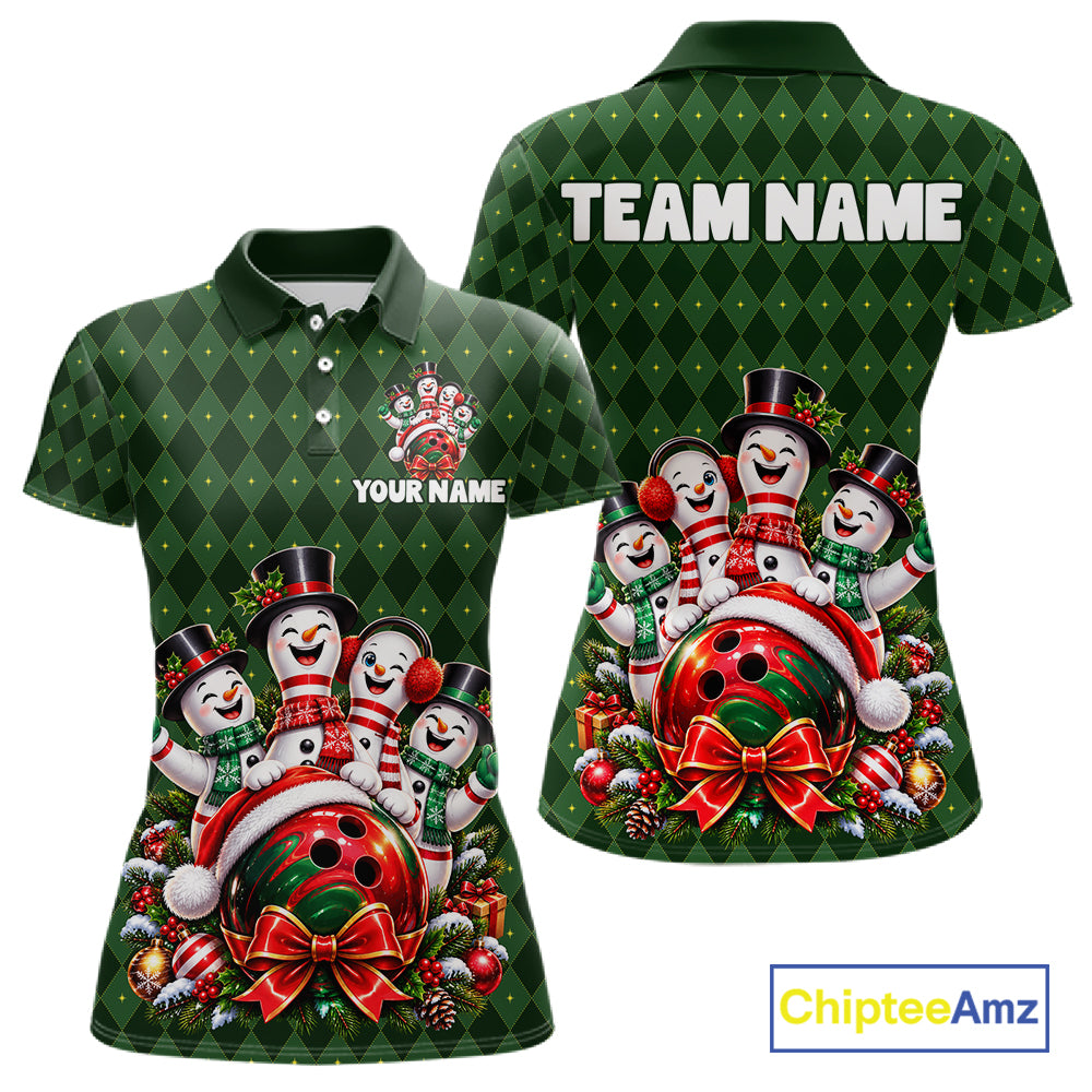 Merry Christmas Snowmen Bowling Shirt For Women Custom Festive Green Argyle Plaid Bowling Team Jersey NYN5115