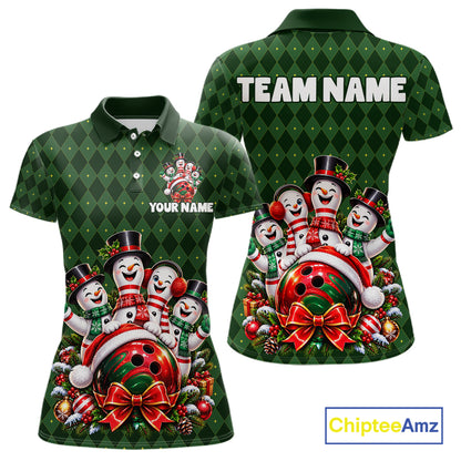 Merry Christmas Snowmen Bowling Shirt For Women Custom Festive Green Argyle Plaid Bowling Team Jersey NYN5115