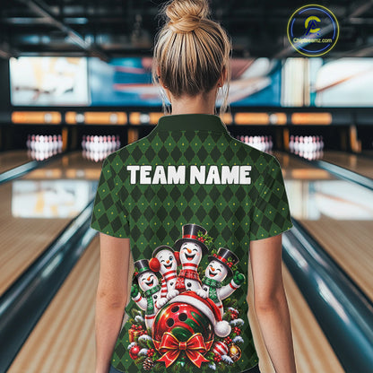 Merry Christmas Snowmen Bowling Shirt For Women Custom Festive Green Argyle Plaid Bowling Team Jersey NYN5115