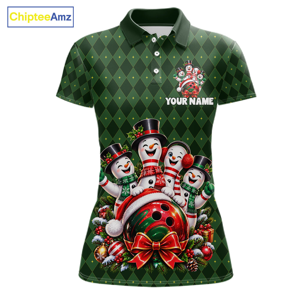 Merry Christmas Snowmen Bowling Shirt For Women Custom Festive Green Argyle Plaid Bowling Team Jersey NYN5115