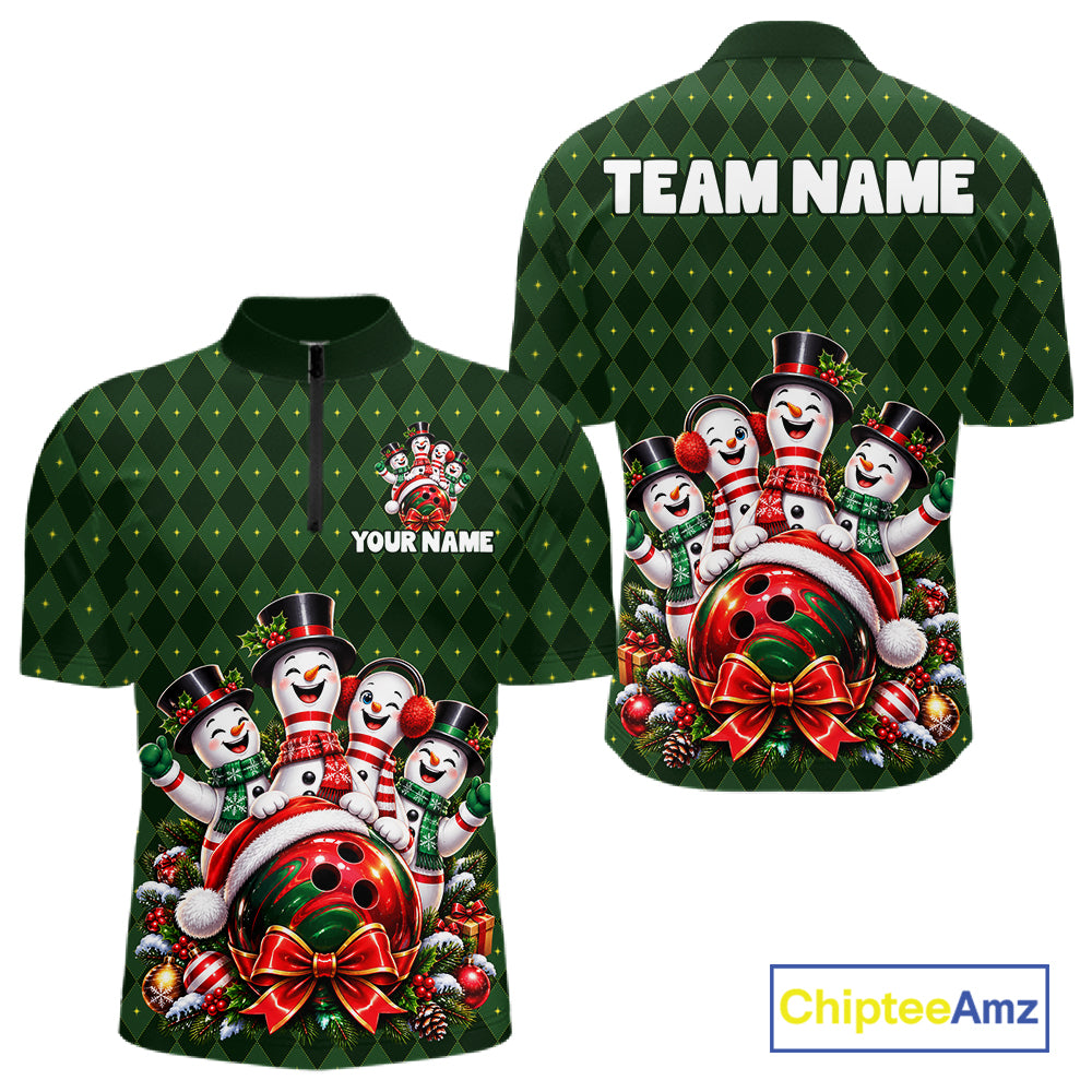 Merry Christmas Snowmen Bowling Shirt For Men Custom Festive Green Argyle Plaid Bowling Team Jersey NYN5115