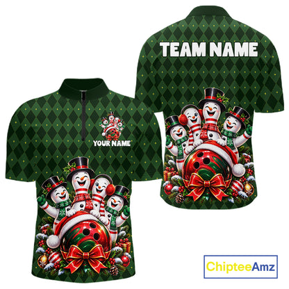 Merry Christmas Snowmen Bowling Shirt For Men Custom Festive Green Argyle Plaid Bowling Team Jersey NYN5115
