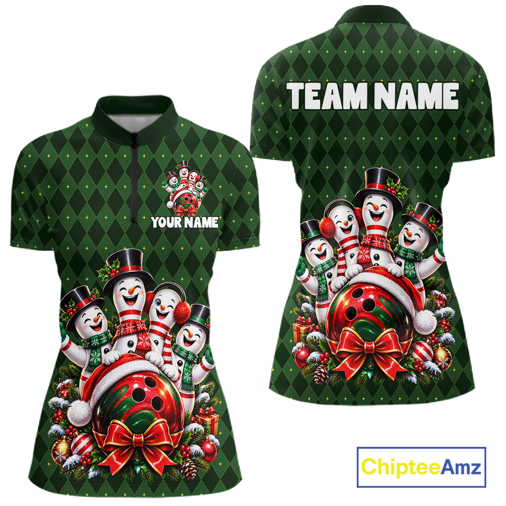 Merry Christmas Snowmen Bowling Shirt For Women Custom Festive Green Argyle Plaid Bowling Team Jersey NYN5115