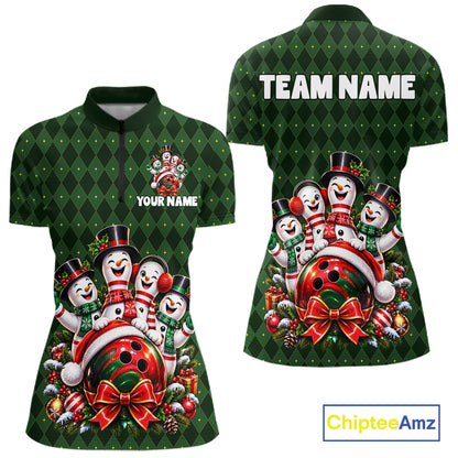 Merry Christmas Snowmen Bowling Shirt For Women Custom Festive Green Argyle Plaid Bowling Team Jersey NYN5115