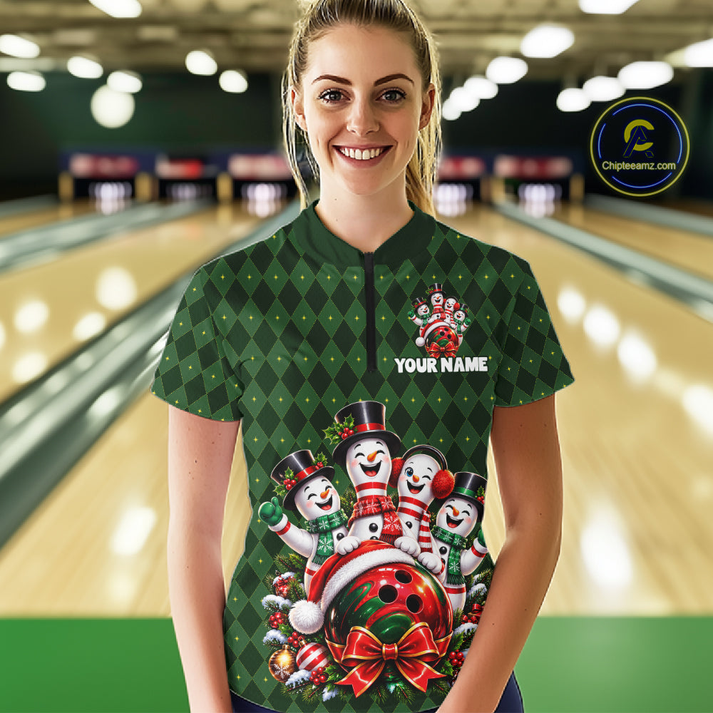Merry Christmas Snowmen Bowling Shirt For Women Custom Festive Green Argyle Plaid Bowling Team Jersey NYN5115