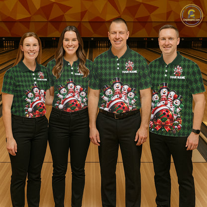Merry Christmas Snowmen Bowling Shirt For Men Custom Festive Green Argyle Plaid Bowling Team Jersey NYN5115