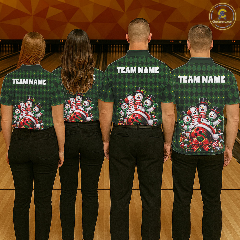 Merry Christmas Snowmen Bowling Shirt For Men Custom Festive Green Argyle Plaid Bowling Team Jersey NYN5115