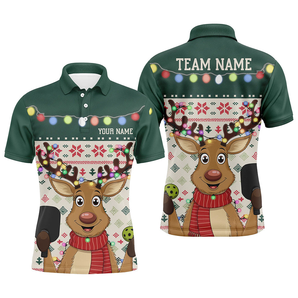 Custom Funny Christmas Reindeer Pickleball Polo Shirts For Men, Xmas Pickleball Outfit IPHW8088