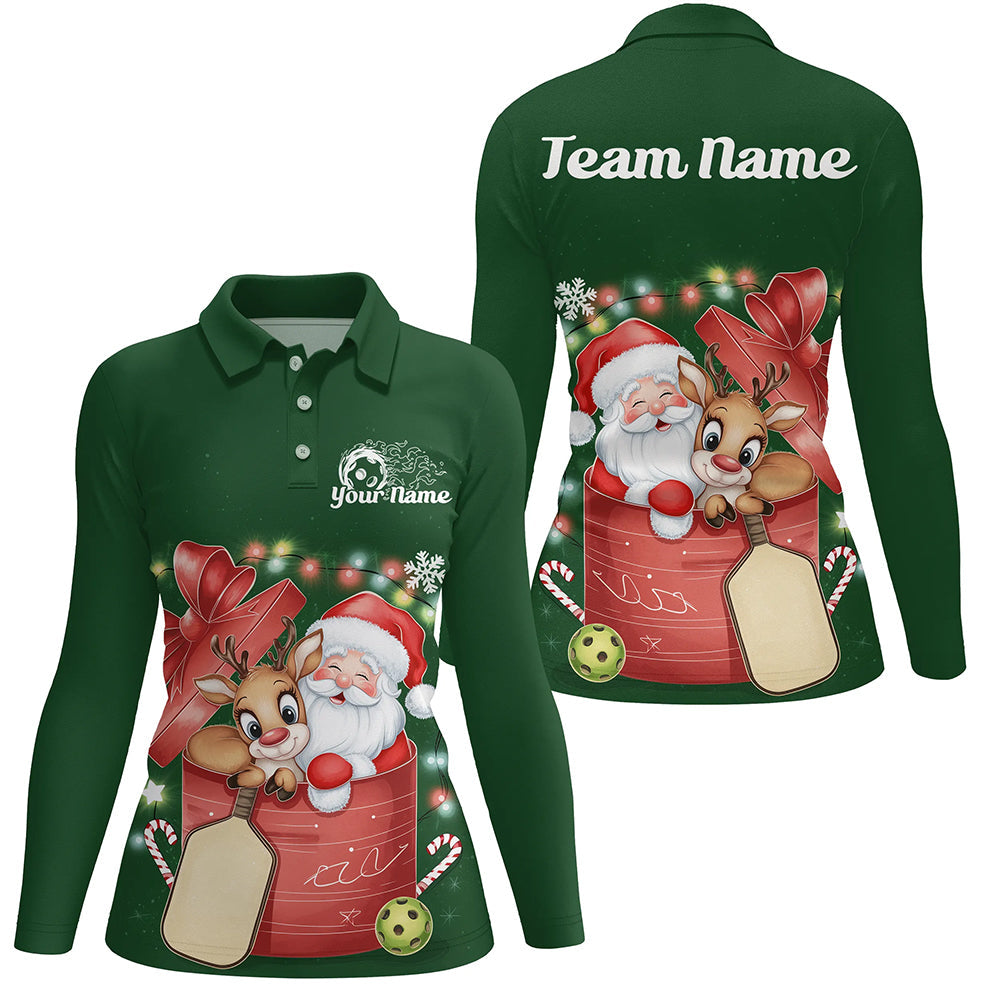 Funny Santa And Reindeer Custom Funny Ladies Pickleball Long Sleeve Polo Shirts Gifts IPHW8092