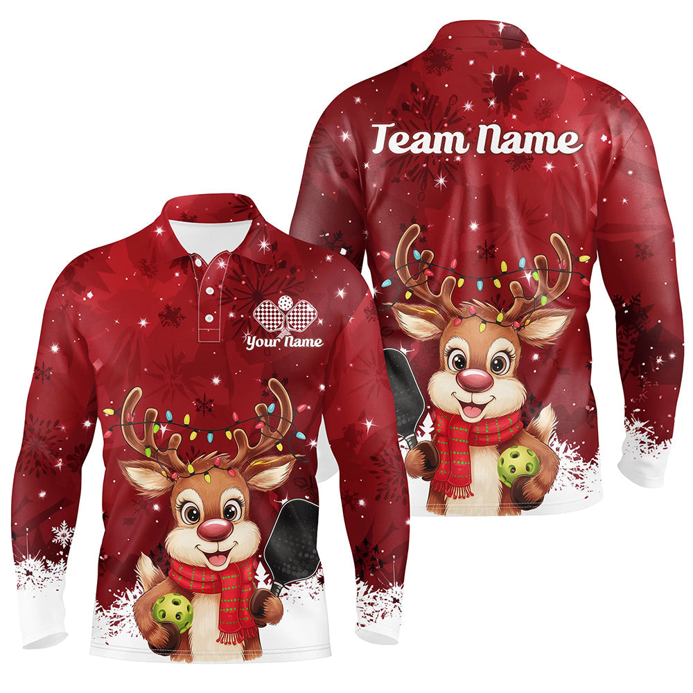 Custom Funny Christmas Reindeer Pickleball Long Sleeve Polo Shirts For Men, Pickleball Outfit IPHW8095