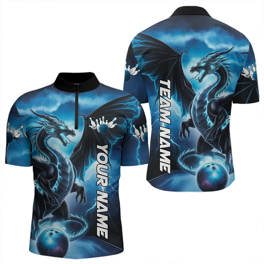 Custom Blue Thunder Lightning Dragon Bowling Quarter-Zip Shirts For Men, Dragon Bowling Uniform IPHW8302