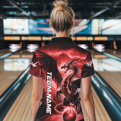 Custom Red Thunder Lightning Dragon Bowling Polo Shirts For Women, Dragon Bowling Uniform IPHW8303