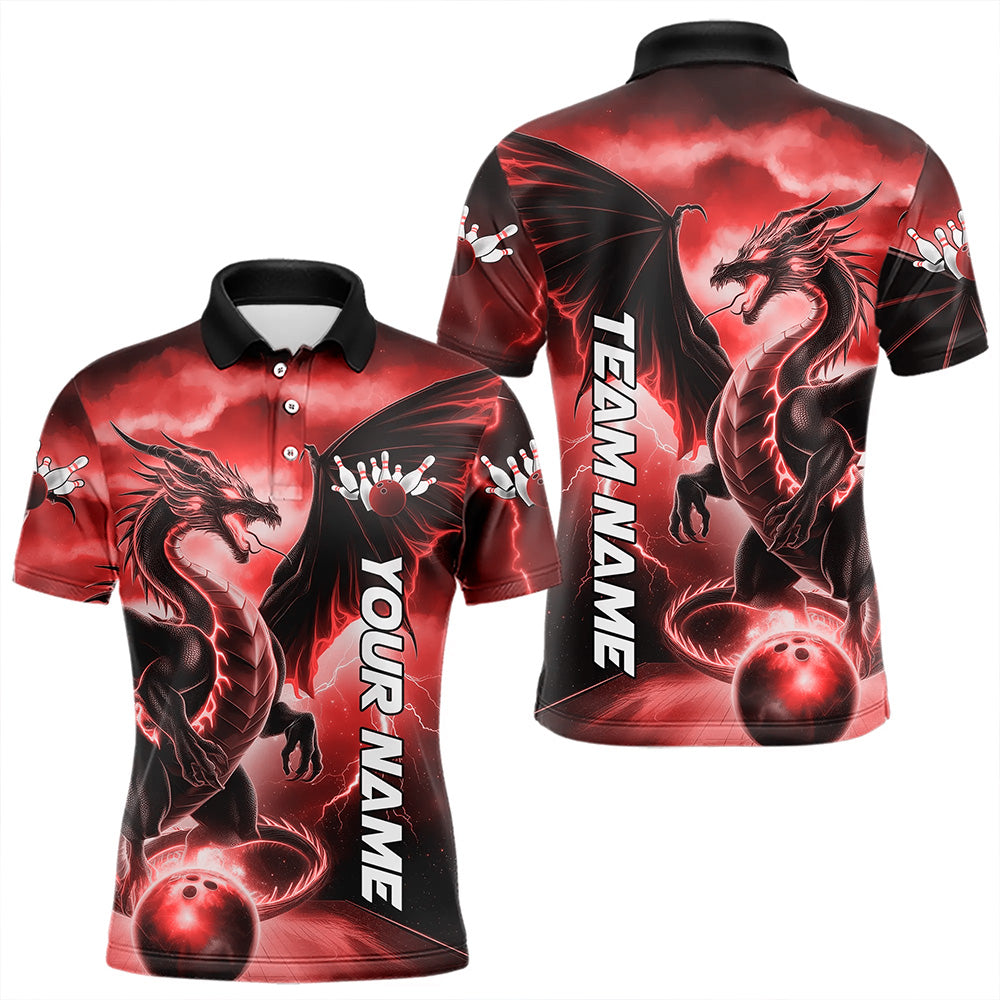 Custom Red Thunder Lightning Dragon Bowling Polo Shirts For Men, Dragon Bowling Uniform IPHW8303