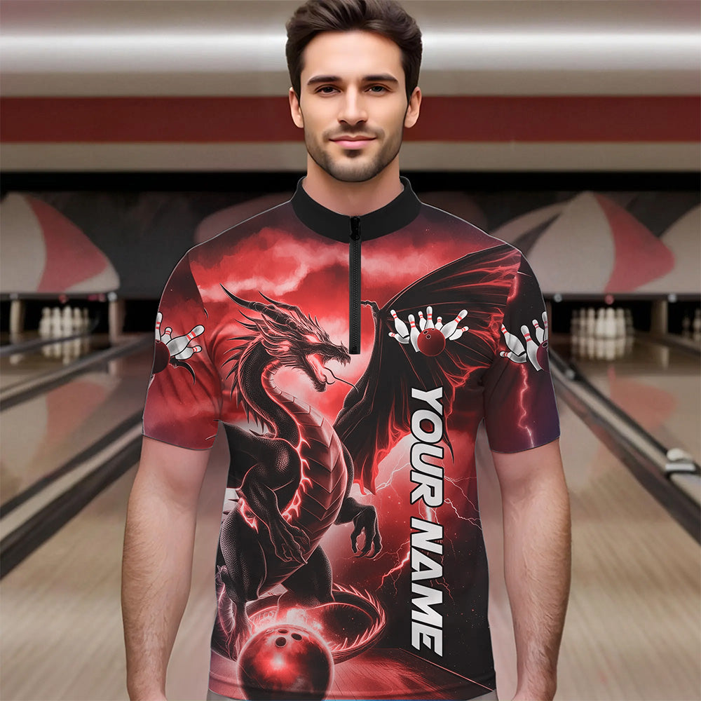 Custom Red Thunder Lightning Dragon Bowling Quarter-Zip Shirts For Men, Dragon Bowling Uniform IPHW8303