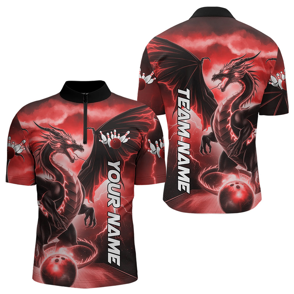 Custom Red Thunder Lightning Dragon Bowling Quarter-Zip Shirts For Men, Dragon Bowling Uniform IPHW8303