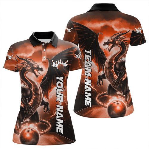 Custom Orange Thunder Lightning Dragon Bowling Polo Shirt For Women, Dragon Bowling Uniform IPHW8304