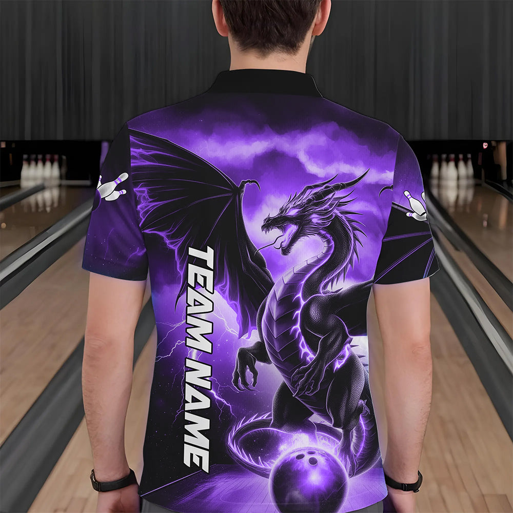 Custom Purple Thunder Lightning Dragon Bowling Polo Shirts For Men, Dragon Bowling Uniform IPHW8305
