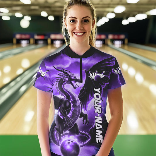 Custom Purple Thunder Lightning Dragon Bowling Quarter-Zip Shirts For Women Bowling Uniform IPHW8305