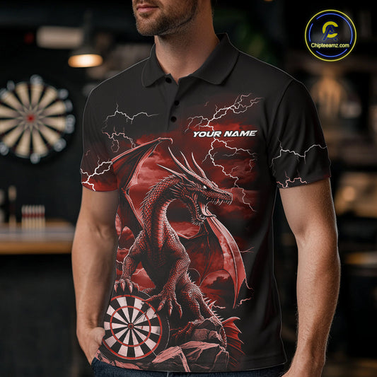 Custom Red Lightning Dragon Darts Men Polo Shirts, Dragon Darts Team Jersey IPHW10384