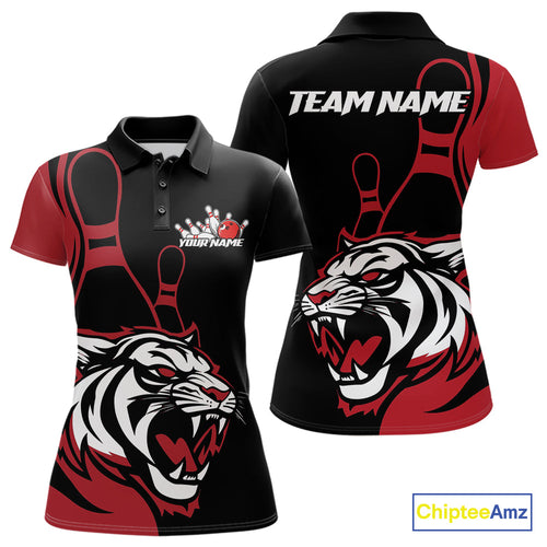 Custom Black And Red Tiger Bowling Jerseys, Tiger Bowling Team Women Polo Shirts IPHW9014
