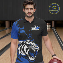Load image into Gallery viewer, Custom Black And Blue Tiger Bowling Jerseys, Tiger Bowling Team Men Polo Shirts IPHW9015