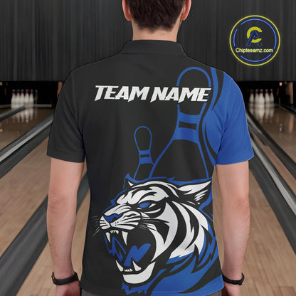 Custom Black And Blue Tiger Bowling Jerseys, Tiger Bowling Team Men Polo Shirts IPHW9015