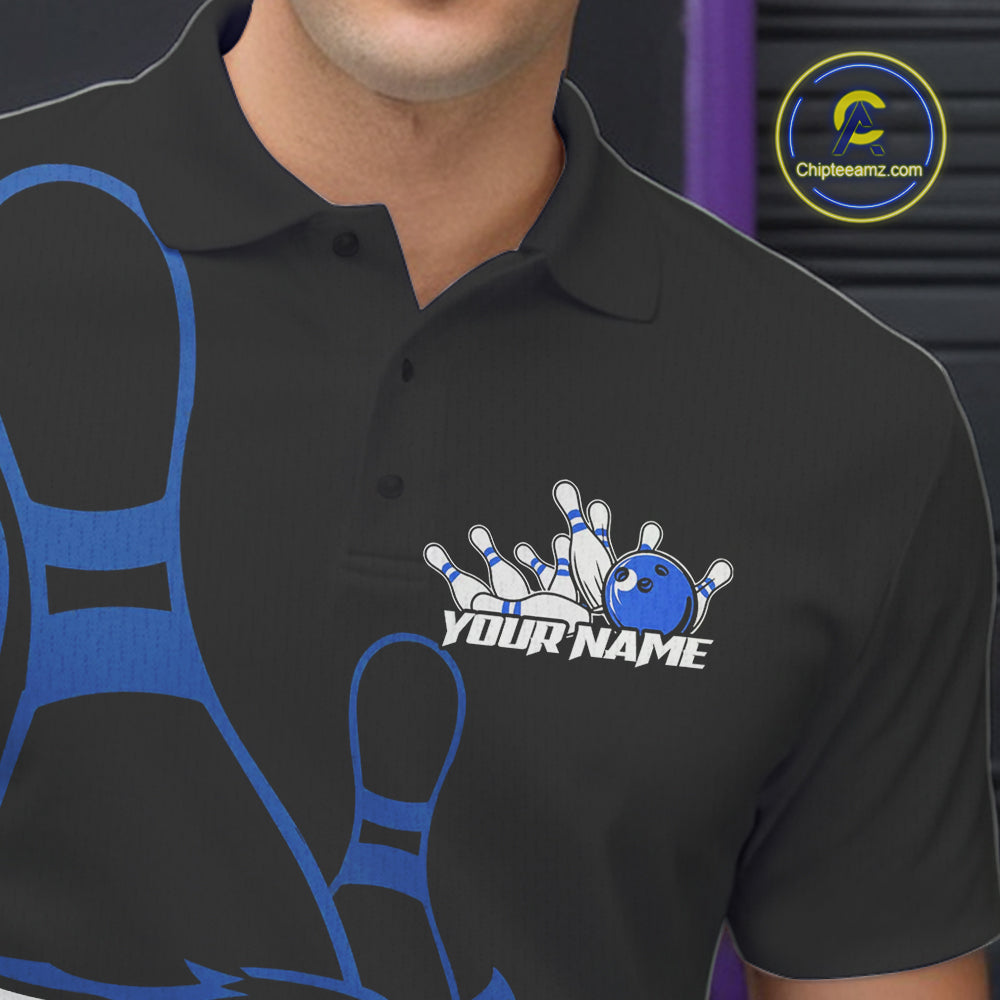 Custom Black And Blue Tiger Bowling Jerseys, Tiger Bowling Team Men Polo Shirts IPHW9015