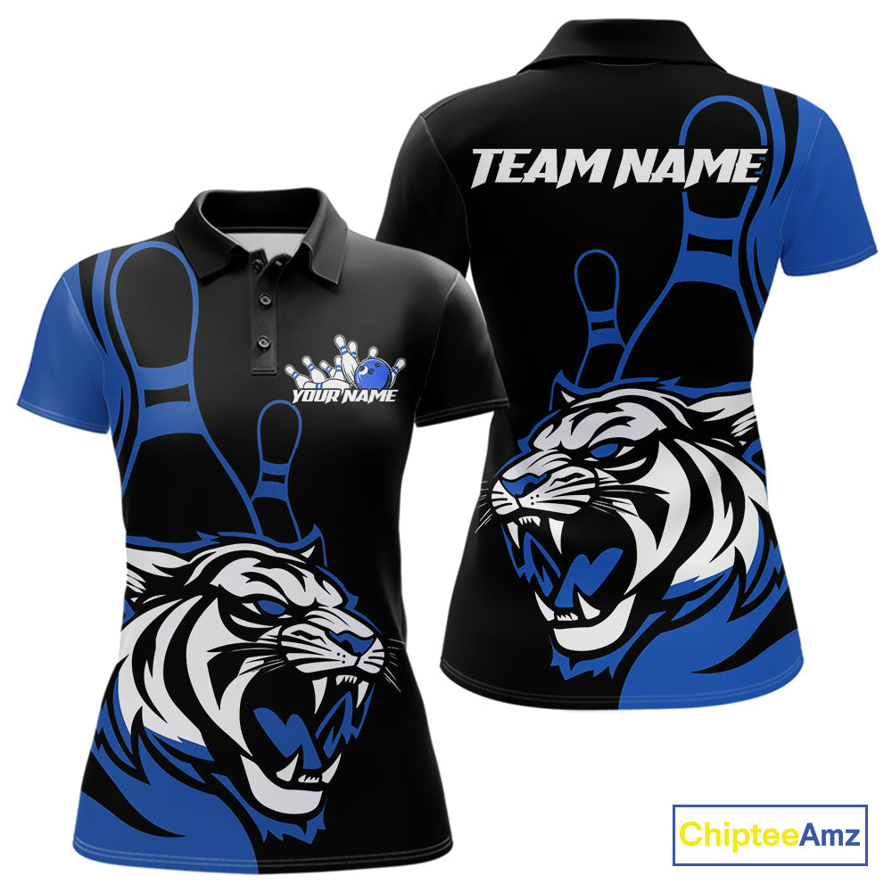 Custom Black And Blue Tiger Bowling Jerseys, Tiger Bowling Team Women Polo Shirts IPHW9015