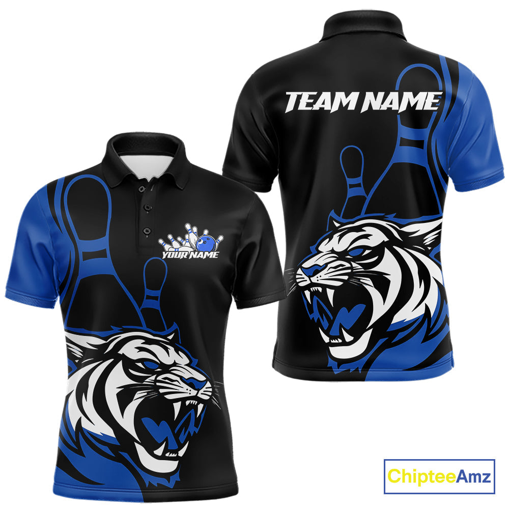 Custom Black And Blue Tiger Bowling Jerseys, Tiger Bowling Team Men Polo Shirts IPHW9015
