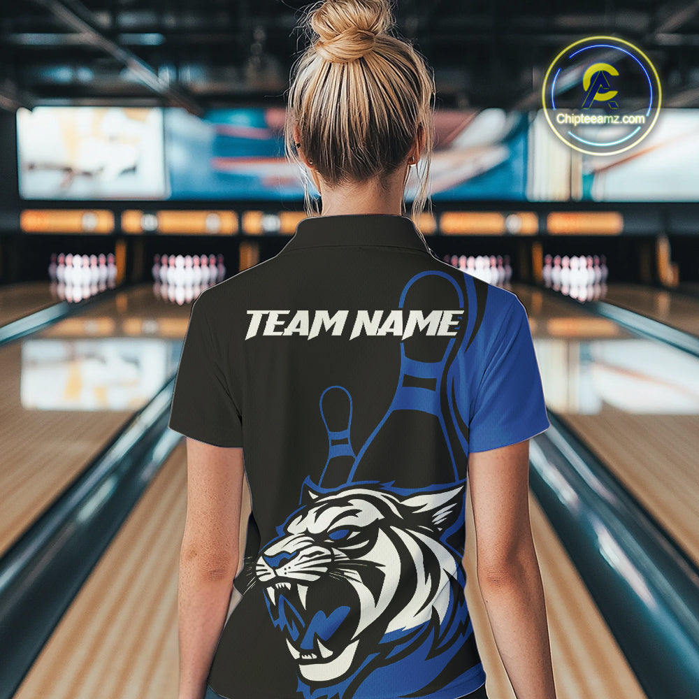 Custom Black And Blue Tiger Bowling Jerseys, Tiger Bowling Team Women Quarter-Zip Shirts IPHW9015