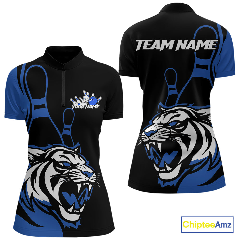 Custom Black And Blue Tiger Bowling Jerseys, Tiger Bowling Team Women Quarter-Zip Shirts IPHW9015