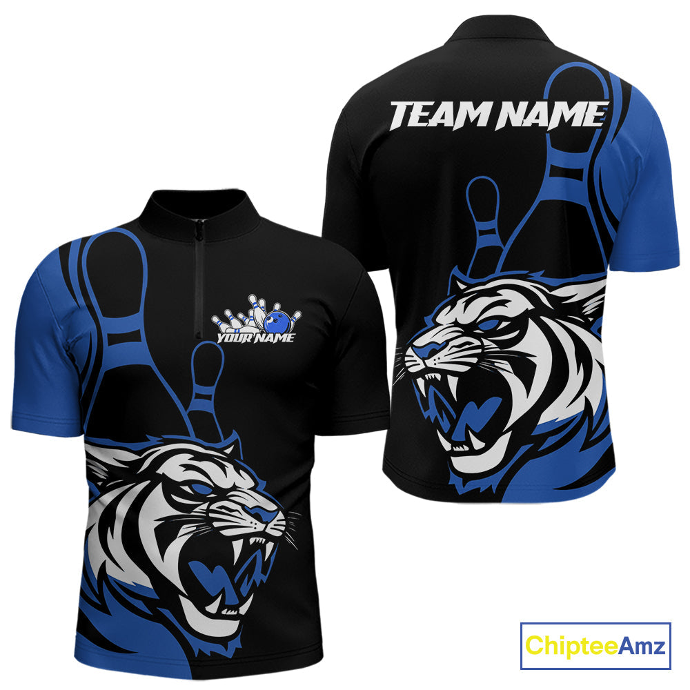 Custom Black And Blue Tiger Bowling Jerseys, Tiger Bowling Team Men Quarter-Zip Shirts IPHW9015