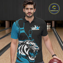Load image into Gallery viewer, Custom Black And Cool Blue Tiger Bowling Jerseys, Tiger Bowling Team Men Polo Shirts IPHW9016