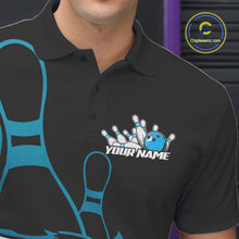 Load image into Gallery viewer, Custom Black And Cool Blue Tiger Bowling Jerseys, Tiger Bowling Team Men Polo Shirts IPHW9016