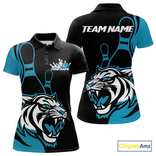 Custom Black And Cool Blue Tiger Bowling Jerseys, Tiger Bowling Team Women Polo Shirts IPHW9016
