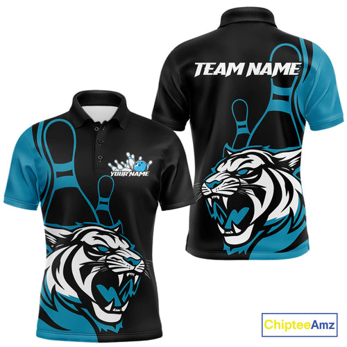 Custom Black And Cool Blue Tiger Bowling Jerseys, Tiger Bowling Team Men Polo Shirts IPHW9016
