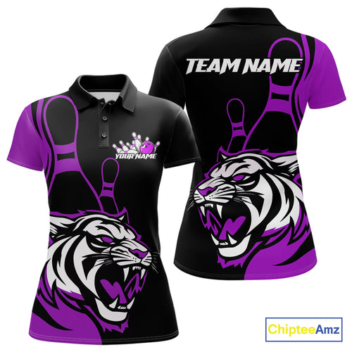 Custom Black And Purple Tiger Bowling Jerseys, Tiger Bowling Team Women Polo Shirts IPHW9017