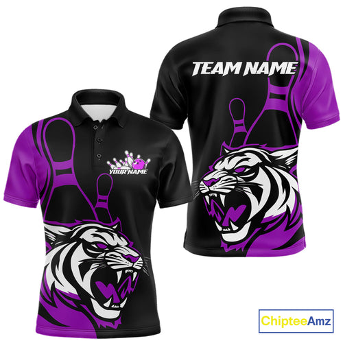 Custom Black And Purple Tiger Bowling Jerseys, Tiger Bowling Team Men Polo Shirts IPHW9017