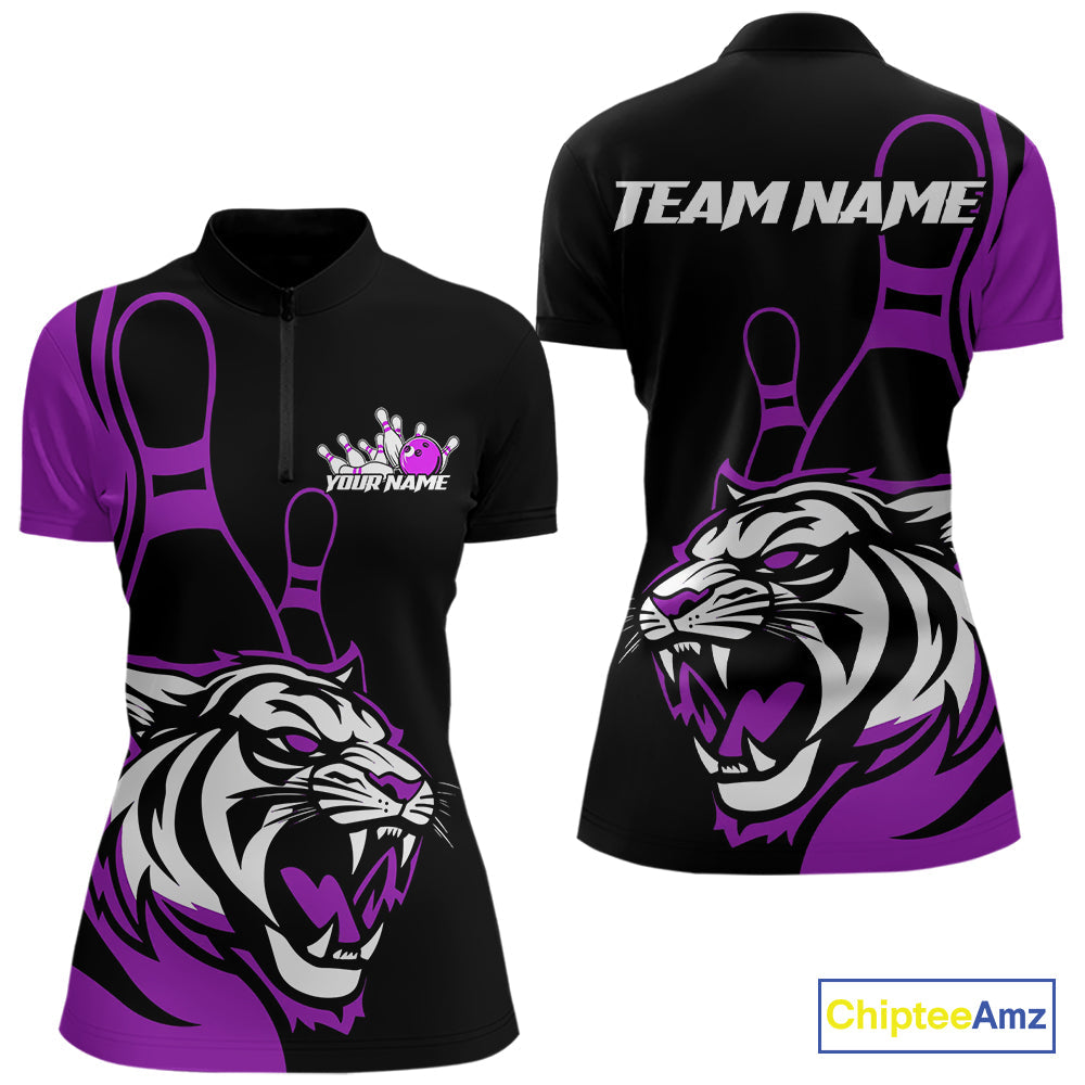 Custom Black And Purple Tiger Bowling Jerseys, Tiger Bowling Team Women Quarter-Zip Shirt IPHW9017