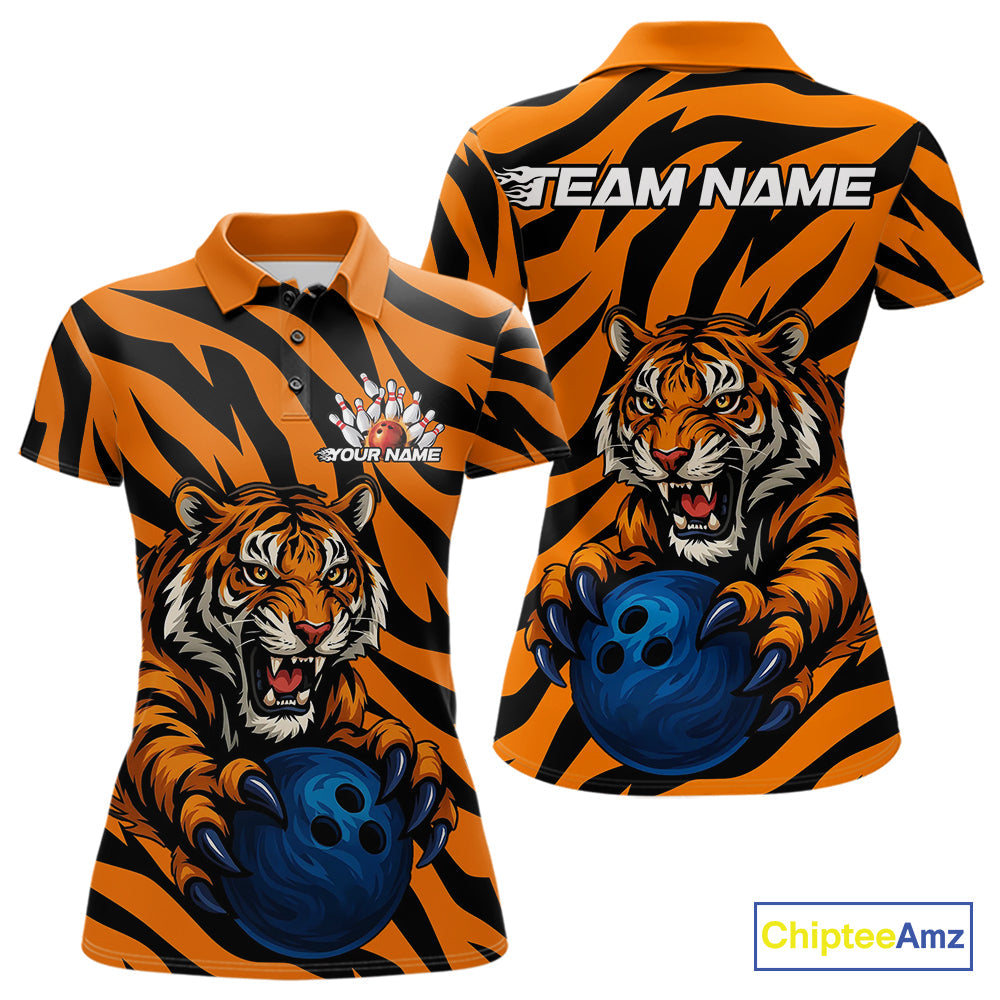 Custom Tiger Bowling Team Polo Shirts For Women, Tiger Bowling Team Uniform Bowler Outfit IPHW9025