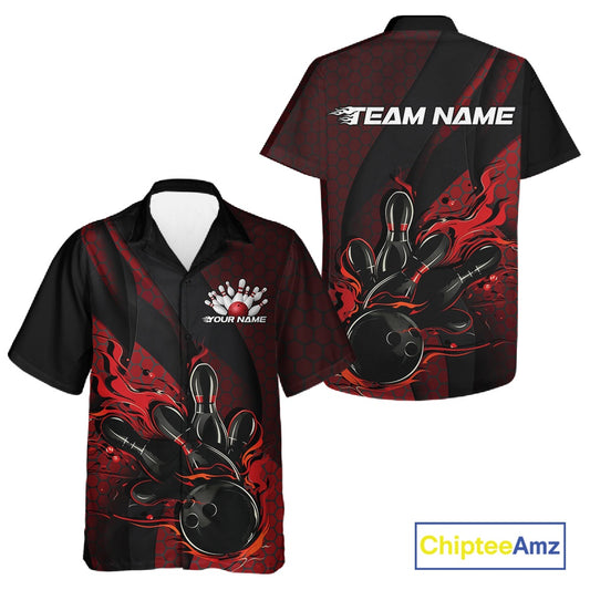 Front and back mockup of a black and red button-up bowling shirt featuring a flaming bowling ball striking pins with geometric diagonal stripe accents.