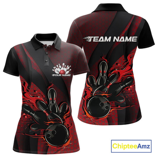 Front and back mockup of a black and red women’s bowling polo shirt featuring a flaming bowling ball striking pins with hexagon patterns and diagonal stripes.
