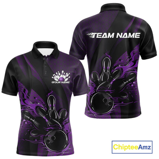 Front and back view of a black and purple men’s bowling polo shirt featuring a flaming bowling ball striking pins with hexagon motifs and diagonal stripes.