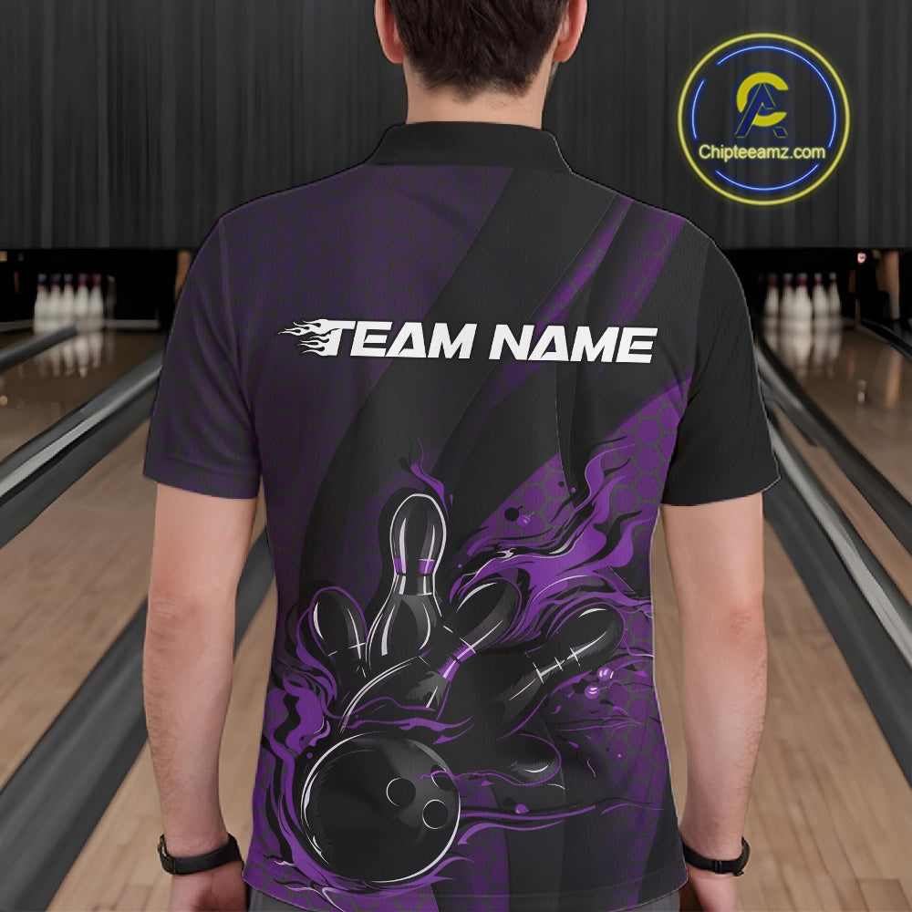 Back view of a male model in a bowling center wearing a black and purple polo shirt showcasing a bowling strike scene with flame effects.