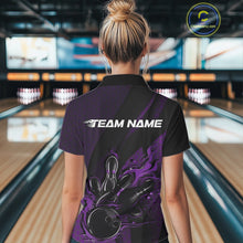 Load image into Gallery viewer, Custom Black And Purple Flame Bowling Polo Shirt For Women, Bowling Team Tournament Jersey IPHW11182