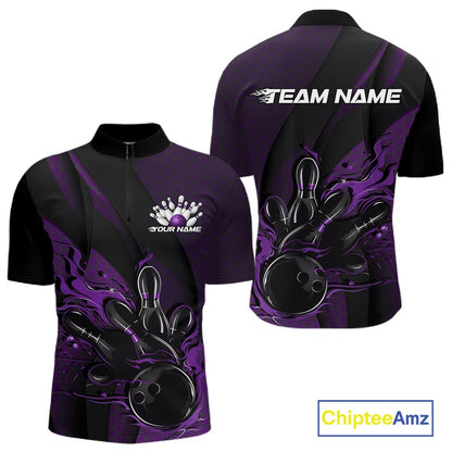 Front and back view of a black and purple men’s bowling quarter-zip shirt featuring a flaming bowling ball striking pins with hexagon graphics and diagonal stripes.