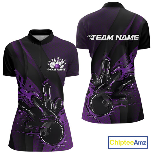 Women’s quarter zip bowling shirt mockup displaying black and purple design with flames bowling ball hitting pins, hexagon structure and diagonal stripe graphics