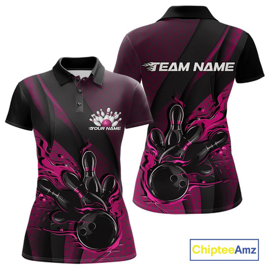 Front and back mockup of a black and pink women’s bowling polo shirt featuring a flaming bowling ball striking pins with hexagon patterns and diagonal stripes.