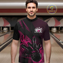 Load image into Gallery viewer, Custom Black And Pink Flame Bowling Quarter-Zip Shirt For Men, Bowling Team Tournament Jersey IPHW11183